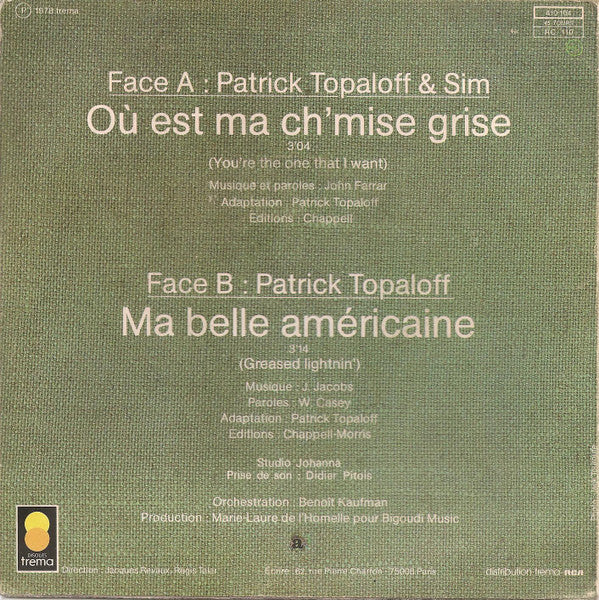 Patrick Topaloff & Sim - Où Est Ma Ch'mise Grise Vinyl Singles Vinyl (VG) <br> Hoes (G+)