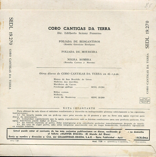 Cantigas Da Terra - Foliada De Bergantinos Vinyl Singles EP Vinyl Very Good (VG) <br> Hoes Good Plus (G+)