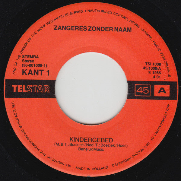 Zangeres Zonder Naam - Kindergebed 31081 Vinyl Singles VINYLSINGLES.NL