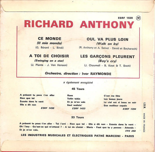 Richard Anthony - Ce Monde 24263 Vinyl Singles EP Vinyl Zeer Goed / Hoesje Goed "VINYLSINGLES.NL"