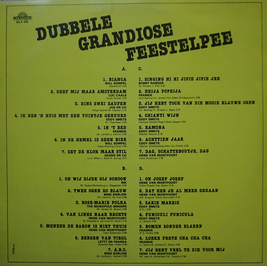 Various - Dubbel Grandiose Feestelpee Met 28 Feestliedjes (LP) Vinyl LP Vinyl Zeer Goed / Hoesje Goed "VINYLSINGLES.NL"
