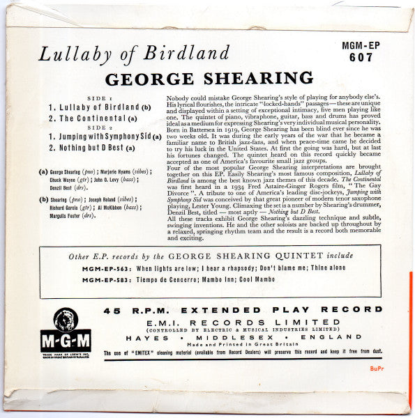 George Shearing Quintet - Lullaby Of Birdland (EP) Vinyl Singles EP VINYLSINGLES.NL