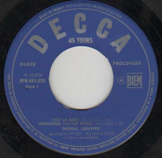 Nicole Louvier - File La Nuit Vinyl Singles EP Vinyl Zeer Goed / Hoesje Goed "VINYLSINGLES.NL"