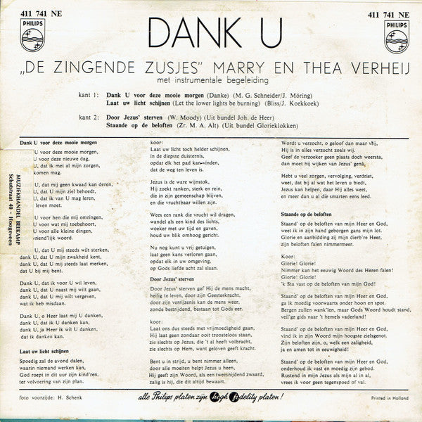 Zingende Zusjes Marry En Thea Verhey - Dank U (EP) Vinyl Singles EP VINYLSINGLES.NL