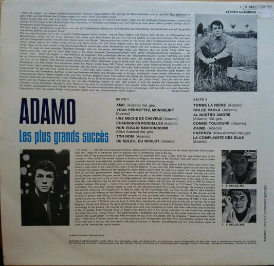 Adamo - Les Plus Grands Succès (LP) Vinyl LP Vinyl Zeer Goed / Hoesje Goed "VINYLSINGLES.NL"