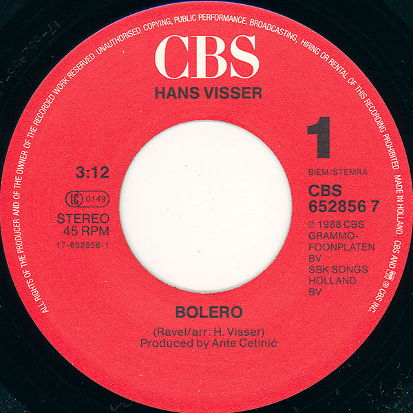 Hans Visser - Bolero Vinyl Singles VINYLSINGLES.NL