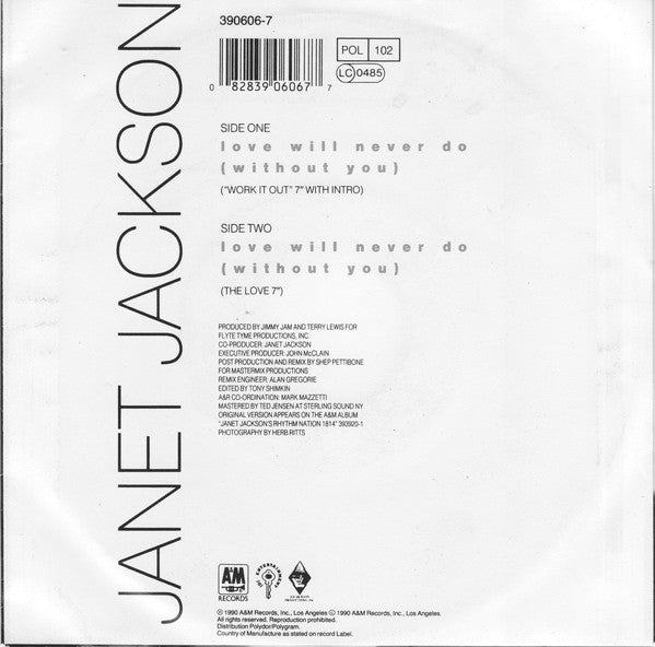 Janet Jackson - Love Will Never Do (Without You) Vinyl Singles Vinyl Very Good (VG) <br> Hoes Good Plus (G+)