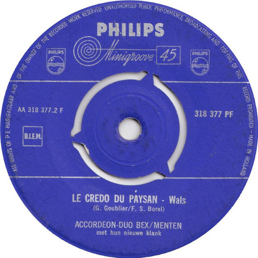 Akkordeon-Duo Bex-Menten - De Pierement-Wals Vinyl Singles Vinyl Zeer Goed / Hoesje Goed "VINYLSINGLES.NL"