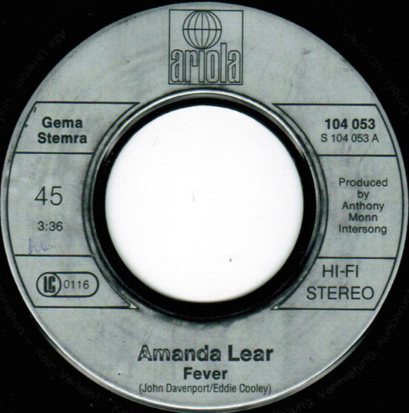 Amanda Lear - Fever Vinyl Singles Vinyl Very Good (VG) <br> Hoes Good Plus (G+)