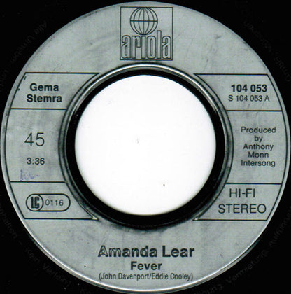 Amanda Lear - Fever Vinyl Singles Vinyl Very Good (VG) <br> Hoes Good Plus (G+)