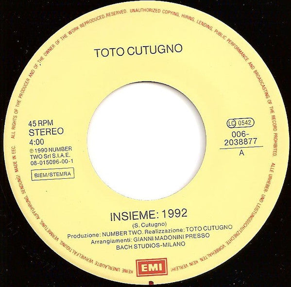 Toto Cutugno - Insieme: Vinyl Singles Vinyl Very Good (VG) <br> Hoes Good Plus (G+)