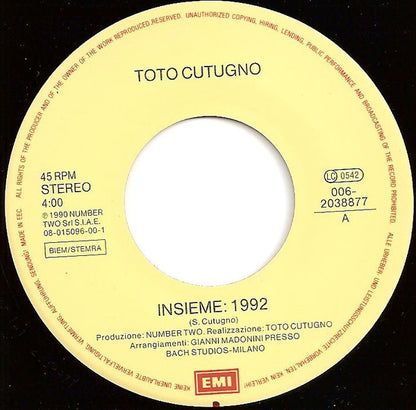 Toto Cutugno - Insieme: Vinyl Singles Vinyl Very Good (VG) <br> Hoes Good Plus (G+)