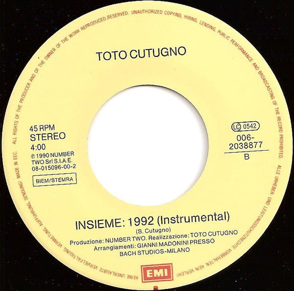 Toto Cutugno - Insieme: Vinyl Singles Vinyl Very Good (VG) <br> Hoes Good Plus (G+)