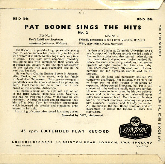 Pat Boone ‎– Sings The Hits Number 2 (EP) 13188 Vinyl Singles EP Goede Staat