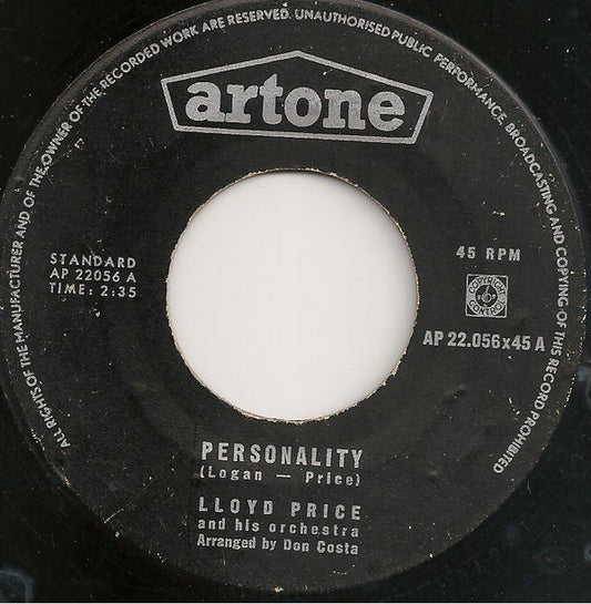 Lloyd Price And His Orchestra - Personality Vinyl Singles Vinyl Very Good (VG) <br> Hoes Good Plus (G+)