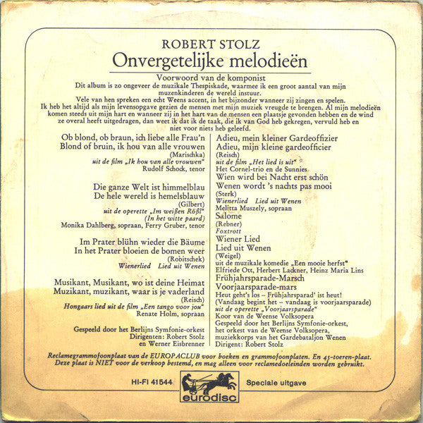Robert Stolz - Onvergetelijke Melodieën 23655 07305 Vinyl Singles VINYLSINGLES.NL