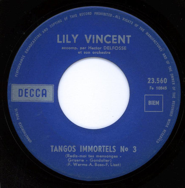 Lily Vincent – Tangos Immortels Volume 2 N°3 / Tangos Immortels N°4 15427 Vinyl Singles Goede Staat