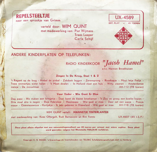 Wim Quint - Repelsteeltje (B-Keus) Vinyl Singles Vinyl (G) <br> Hoes (F) "VINYLSINGLES.NL"