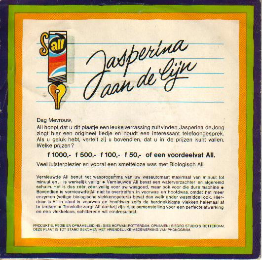 Jasperina De Jong - Jasperina Aan De Lijn (Flexi-disc) 43353 Flexi-disk Goede Staat "VINYLSINGLES.NL"