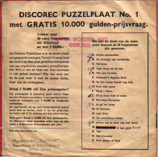 Unknown Artist - "Discorec" Puzzel Plaat No.* - F **.*** Aan Prijzen