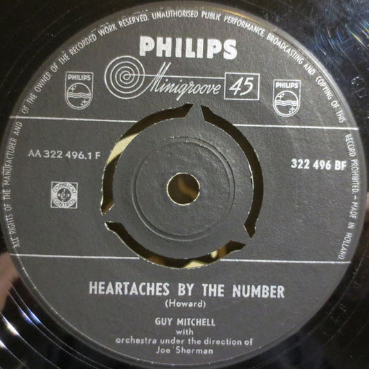 Guy Mitchell - Heartaches By The Number Vinyl Singles Vinyl Very Good (VG) <br> Hoes Good Plus (G+)