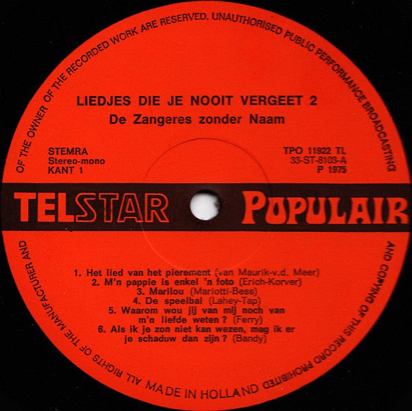 Zangeres Zonder Naam - Liedjes Die Je Nooit Vergeet! 2 (LP) 42887 Vinyl LP VINYLSINGLES.NL