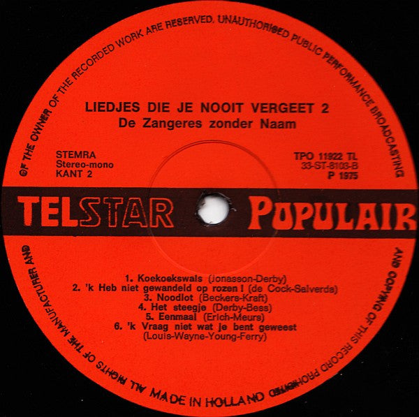 Zangeres Zonder Naam - Liedjes Die Je Nooit Vergeet! 2 (LP) 42887 Vinyl LP Goede Staat