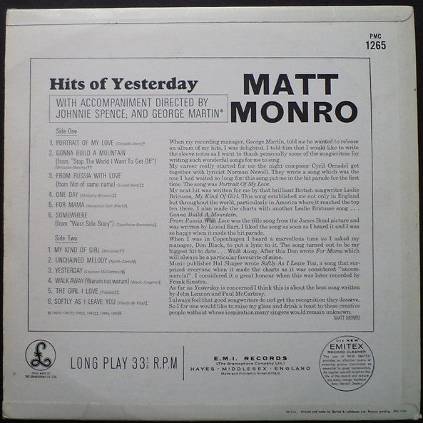 Matt Monro - Hits Of Yesterday (LP) 48412 (B) Vinyl LP Goede Staat