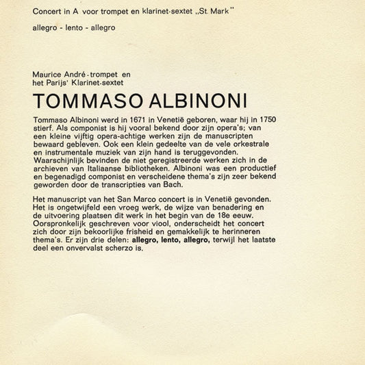Tommaso Albinoni / W.A. Mozart - Concert In A Voor Trompet En Klarinet-Sextet "St. Mark" 30026 Vinyl Singles Vinyl Zeer Goed / Hoesje Goed "VINYLSINGLES.NL"