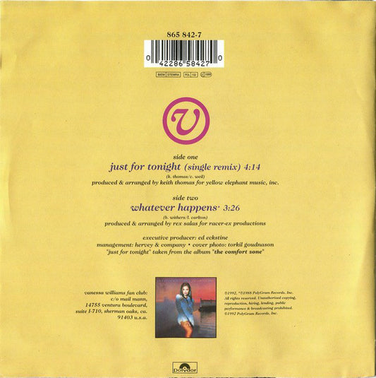 Vanessa Williams - Just For Tonight Vinyl Singles Vinyl Zeer Goed / Hoesje Goed "VINYLSINGLES.NL"