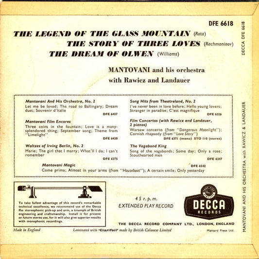 Mantovani With Rawicz & Landauer - The Dream Of Olwen Vinyl Singles EP Vinyl Zeer Goed / Hoesje Goed "VINYLSINGLES.NL"