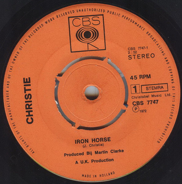 Christie - Iron Horse 32345 Vinyl Singles Goede Staat