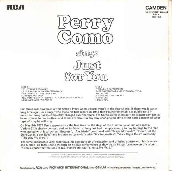 Perry Como - Perry Como Sings Just For You (LP) 42129 Vinyl LP VINYLSINGLES.NL