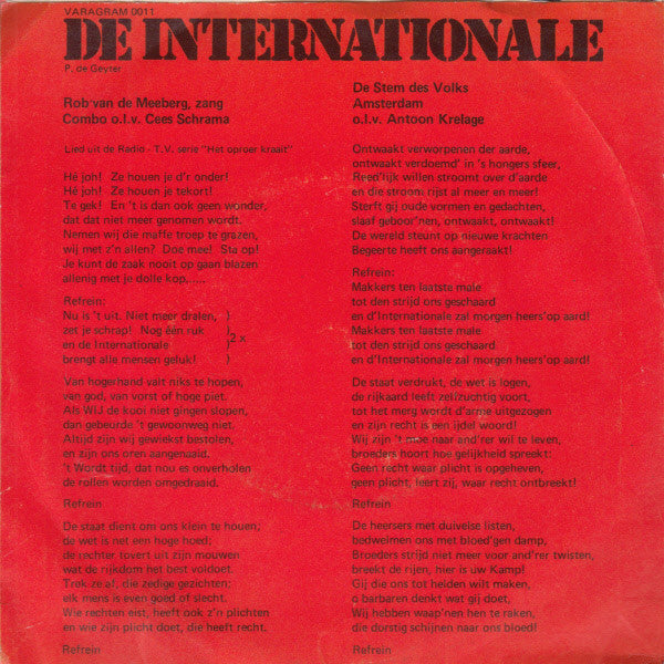 Rob van de Meeberg / De Stem Des Volks - De Internationale 33839 Vinyl Singles VINYLSINGLES.NL