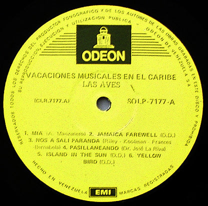 Las Aves – Vacaciones Musicales En El Caribe (LP) Vinyl LP Vinyl Very Good (VG) <br> Hoes Good Plus (G+)