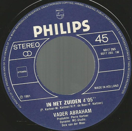 Vader Abraham - In Het Zuiden 30015 Vinyl Singles Vinyl Zeer Goed / Hoesje Goed "VINYLSINGLES.NL"