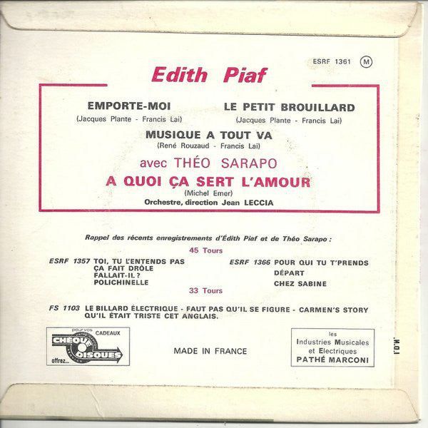Edith Piaf Avec Théo Sarapo - A Quoi Ça Sert L'amour (EP) Vinyl Singles EP VINYLSINGLES.NL