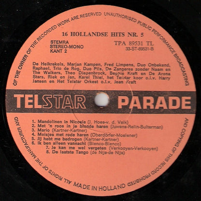 Various - 16 Hollandse Hits 5 (LP) 49126 Vinyl LP Vinyl Very Good (VG) <br> Hoes Good Plus (G+)