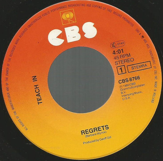 Teach-In - Regrets 35295 Vinyl Singles Vinyl Zeer Goed / Hoesje Goed "VINYLSINGLES.NL"