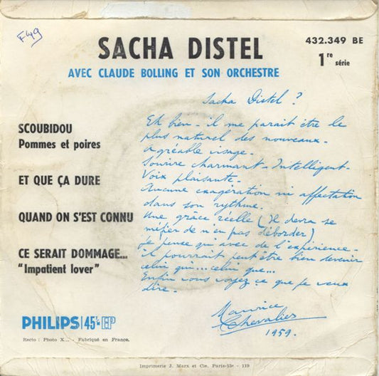 Sacha Distel Avec Claude Bolling Et Son Orchestre - Scoubidou Vinyl Singles EP Vinyl Zeer Goed / Hoesje Goed "VINYLSINGLES.NL"