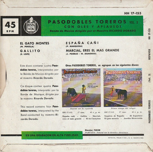 Ricardo Dorado - Pasodobles Toreros Vol.3 22225 Vinyl Singles EP Vinyl Zeer Goed / Hoesje Goed "VINYLSINGLES.NL"