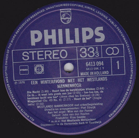 Westlands Mannenkoor - Een Winteravond Met Het Westlands Mannenkoor (LP) Vinyl LP Vinyl Zeer Goed / Hoesje Goed "VINYLSINGLES.NL"