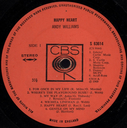 Andy Williams - Happy Heart (LP) Vinyl LP Vinyl Zeer Goed / Hoesje Goed "VINYLSINGLES.NL"