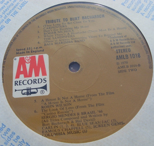 Various - Tribute To Burt Bacharach (LP) Vinyl LP Vinyl Zeer Goed / Hoesje Goed "VINYLSINGLES.NL"