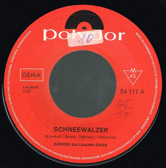 Günter-Kallmann - Chor Schneewalzer Vinyl Singles Media VG+ \ Sleeve G+