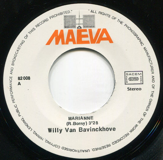 Willy Van Bavinckhove & The Rangers - Marianne Vinyl Singles Vinyl Zeer Goed / Hoesje Goed "VINYLSINGLES.NL"