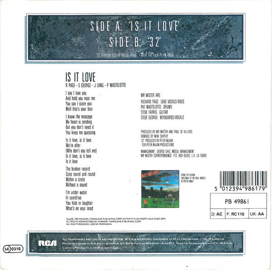 Mr. Mister - Is It Love (B-Keus) Vinyl Singles Vinyl Zeer Goed / Hoesje Sticker "VINYLSINGLES.NL"