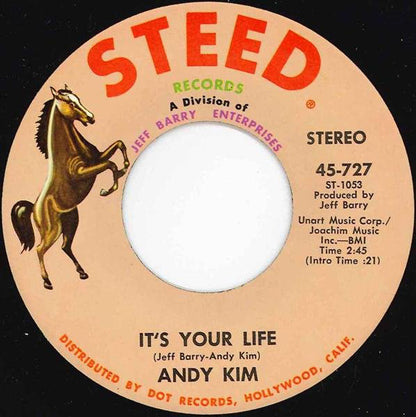 Andy Kim - It's Your Life Vinyl Singles Vinyl Very Good (VG) <br> Hoes Good Plus (G+)