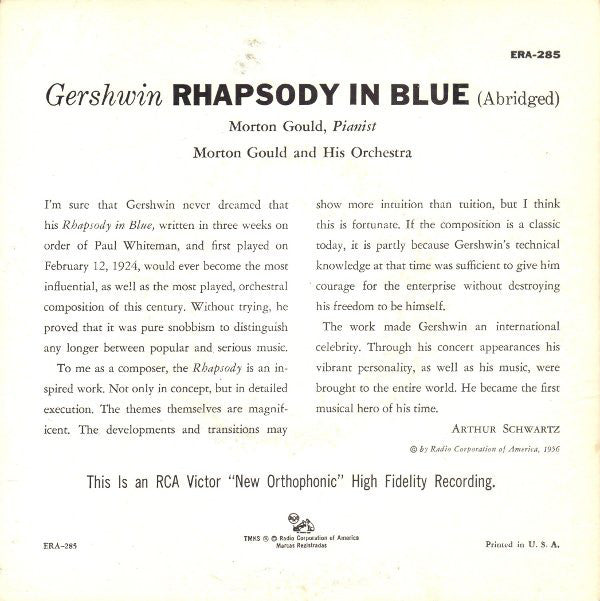 George Gershwin Morton Gould And His Orchestra - Rhapsody In Blue (Abridged) Vinyl Singles Vinyl Very Good (VG) <br> Hoes Good Plus (G+)