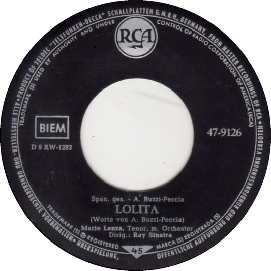 Mario Lanza - Lolita Vinyl Singles Vinyl Very Good (VG) <br> Hoes Good Plus (G+)